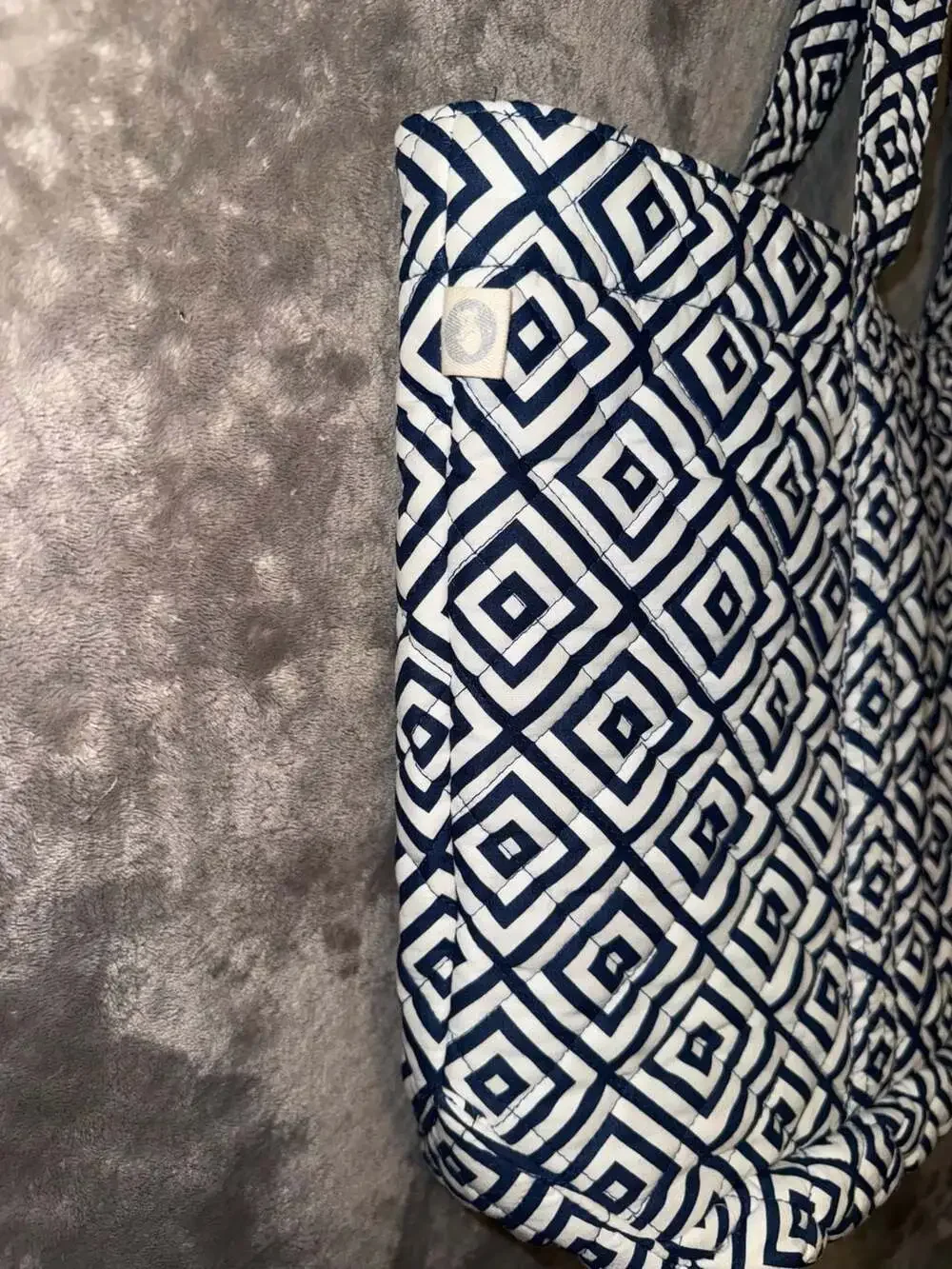 Quilted Koala Navy and White Geometric Print Quilted Tote Bag